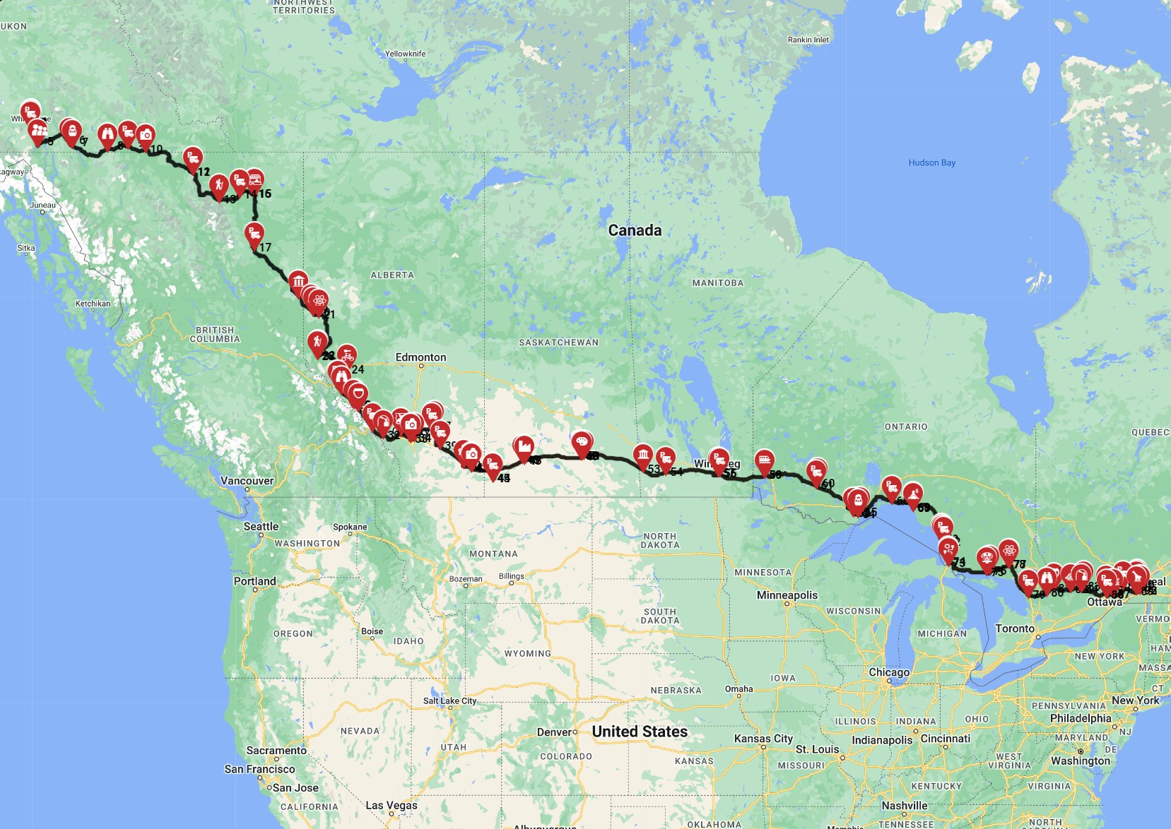 Map for Whitehorse to Montreal - The Great Canadian Adventure